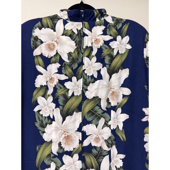 HAWAIIAN RESERVE COLLECTION Orchid Print Navy/White/Green Midi Dress, Sz XL - Picture 7 of 9